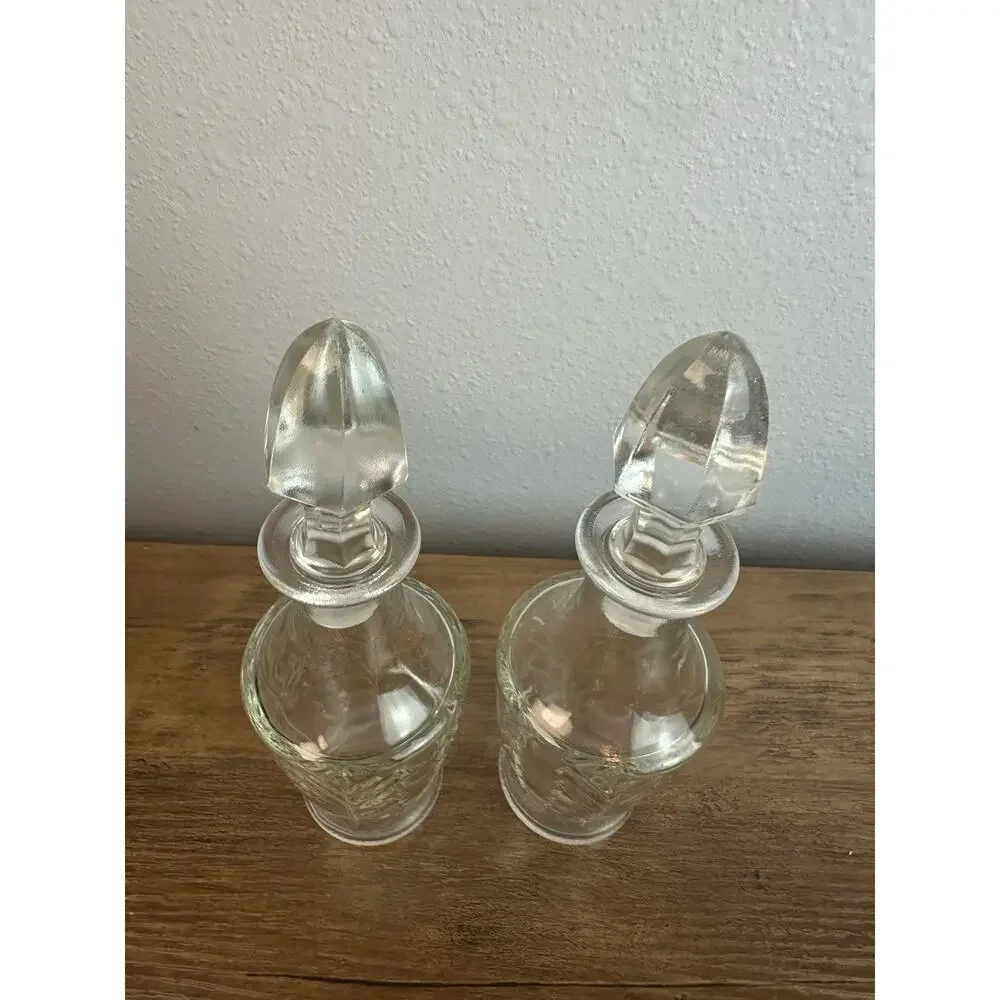 MCM Pair vintage leaf Janette glass decanters with stoppers 10” tall